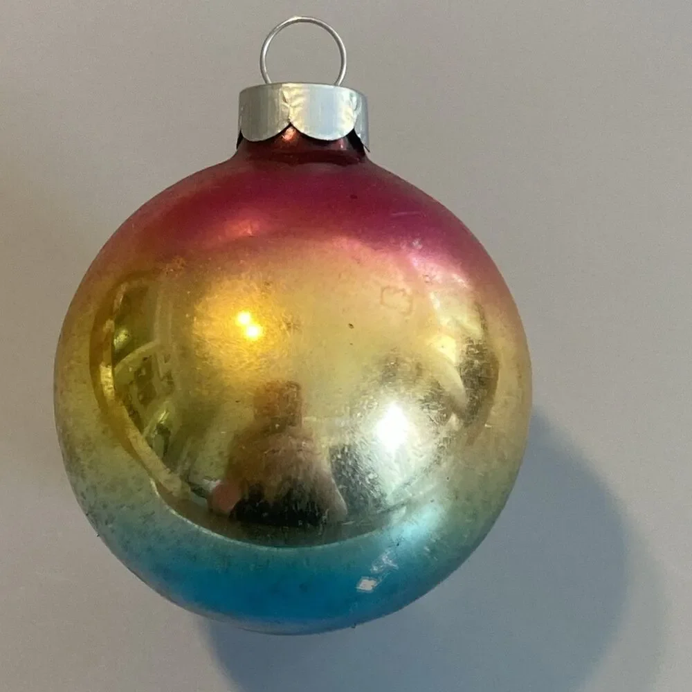 Vintage Christmas Ombre Glass Ornament Made In USA 6.25” Round Ball Holiday
